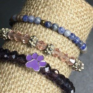 Purple Bracelet Lot Of 3 Paws Pet Silver Gold Marbled Faceted Hook Stretch